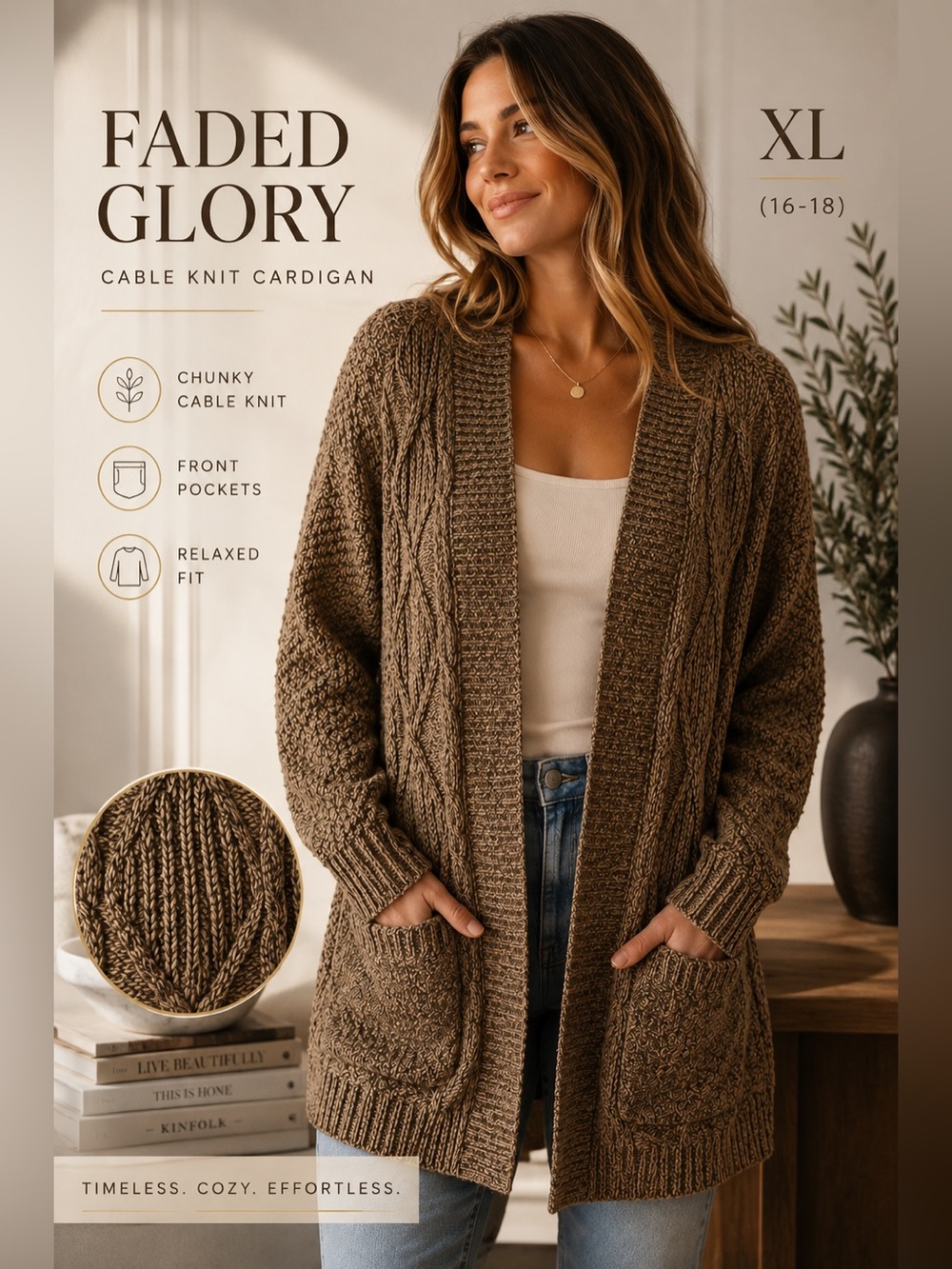 Faded Glory Brown Cable Knit Open Front Cardigan Sweater XL